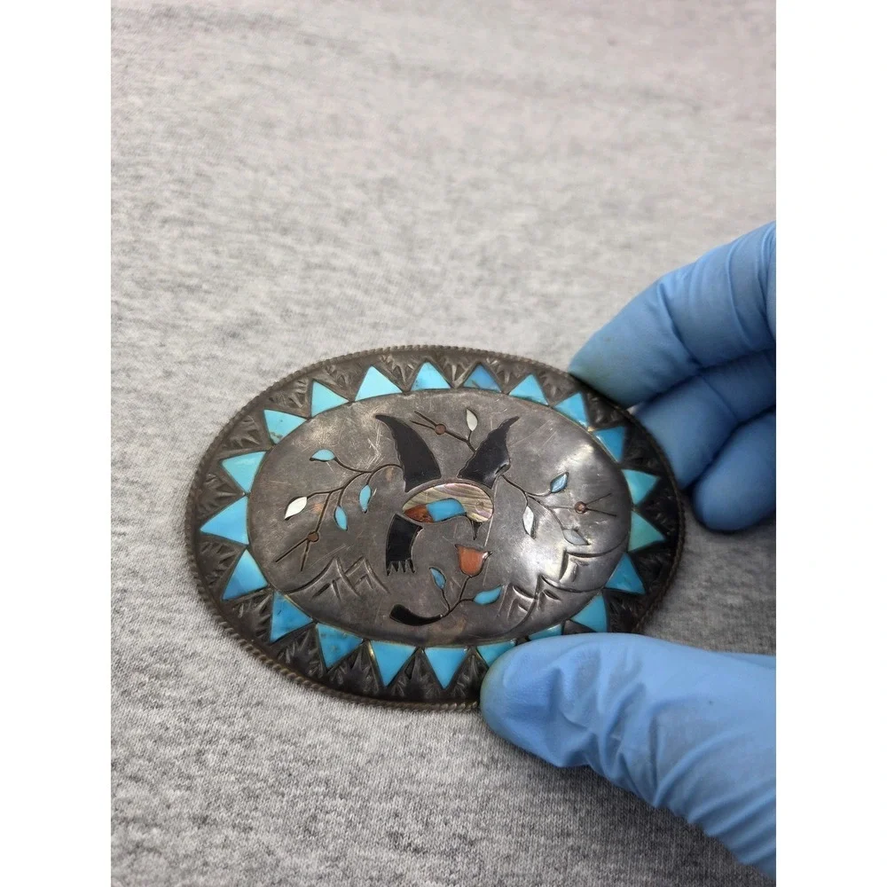 Navajo Benjamin Becenti Sterling Silver Turquoise Inlay Hummingbird Belt Buckle